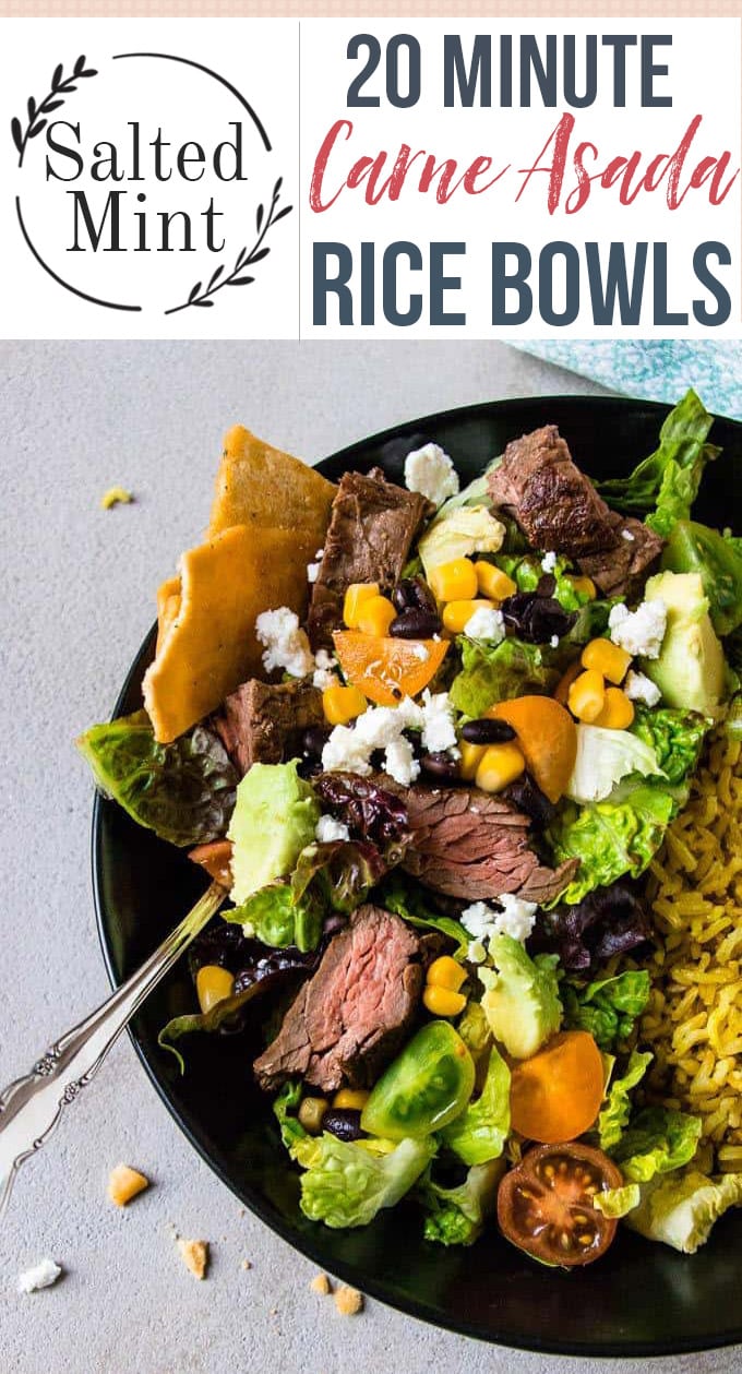 Carne asada bowls with salad and rice with a text overlay.