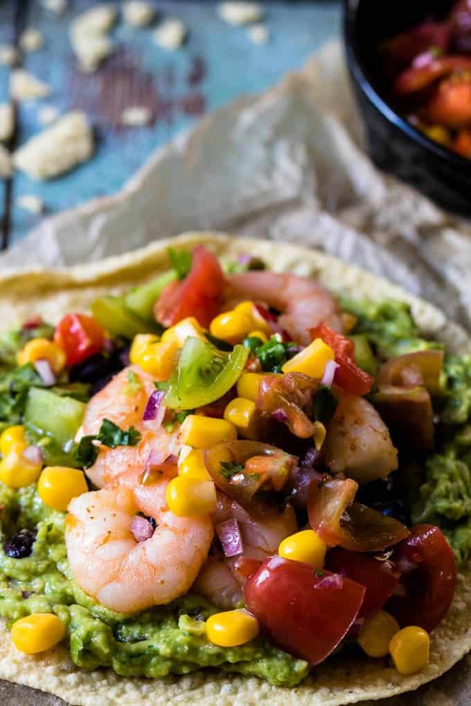 Fiery Prawn and Avocado Tostadas. A Weight Watchers friendly dinner that comes together in 10 minutes. A super simple recipe. | www.saltedmint.com