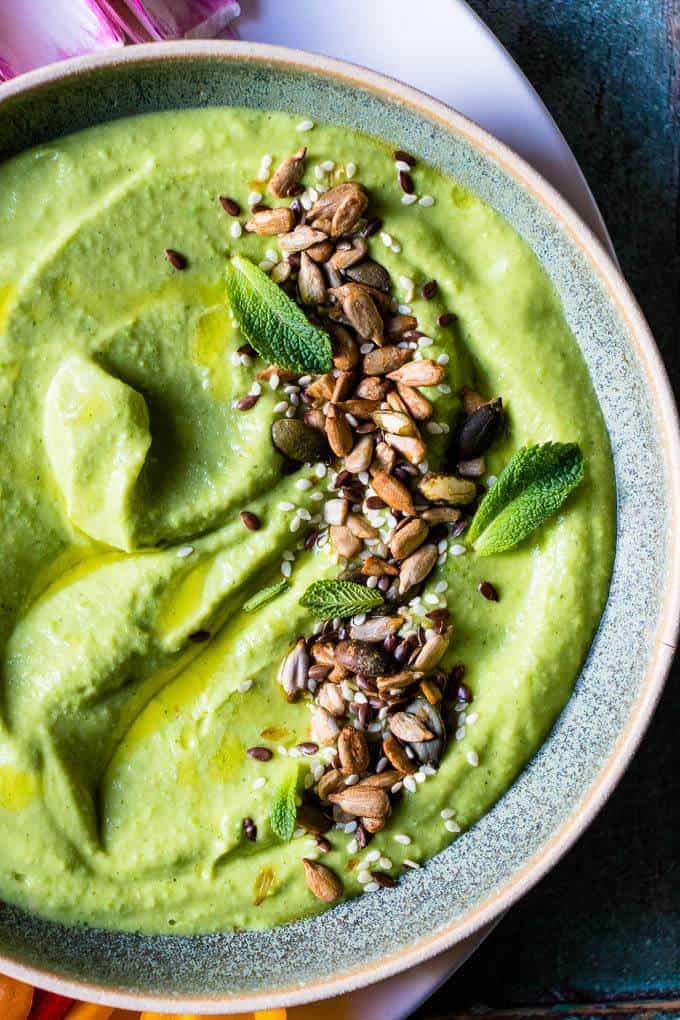 Green pea hummus with olive oil.