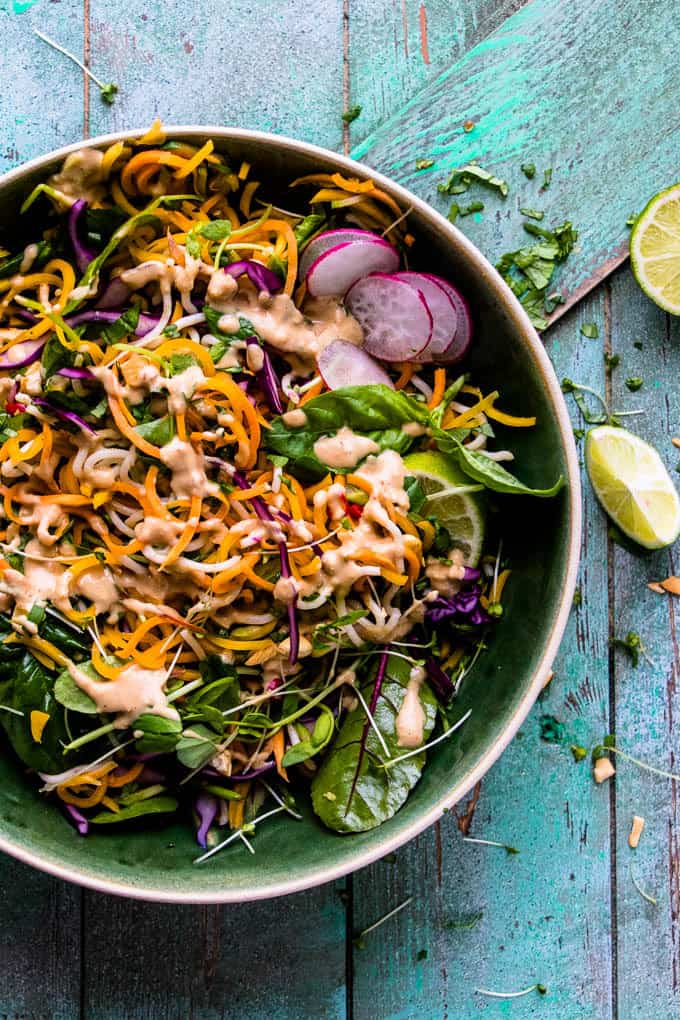 Vegetable pad thai with cashew dressing.