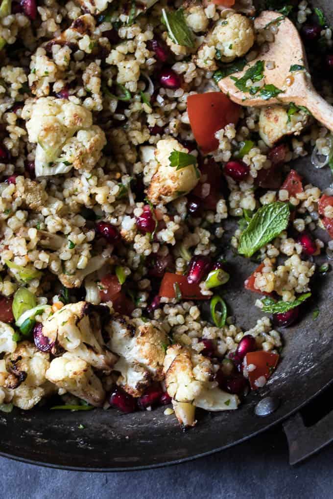 Roasted Cauliflower Tabbouleh | A hearty warm salad perfect for the middle of winter. Ready in 25 min.