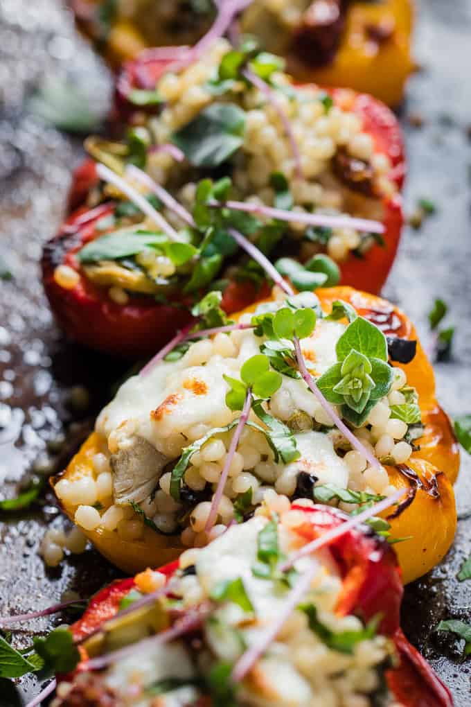 Veggie stuffed bell peppers that are weight watchers friendly and ready in 20 minutes using store cupboard ingredients. | salted mint.com