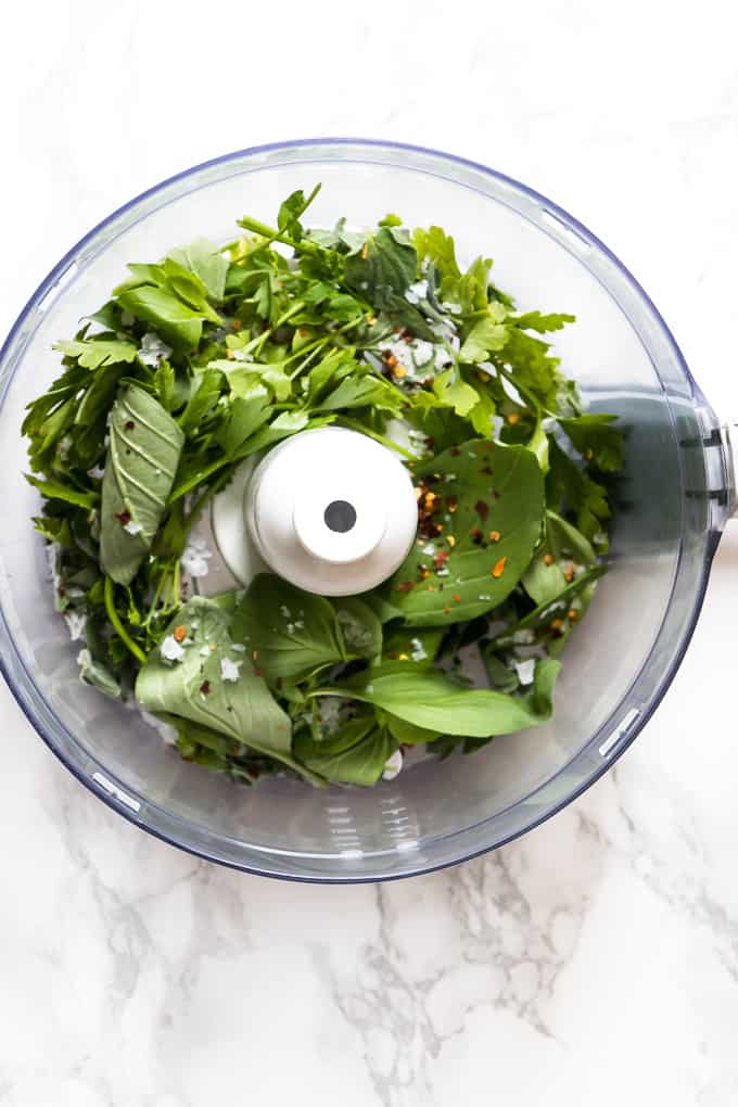 Chimichurri Sauce in a white bowl.