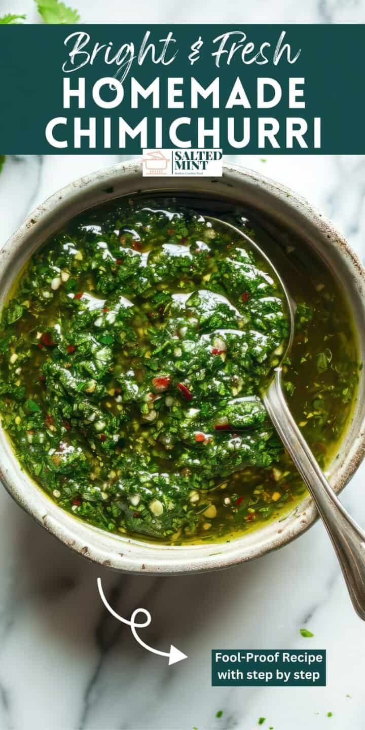 Classic Argentinian Chimichurri sauce in a bowl with a spoon.