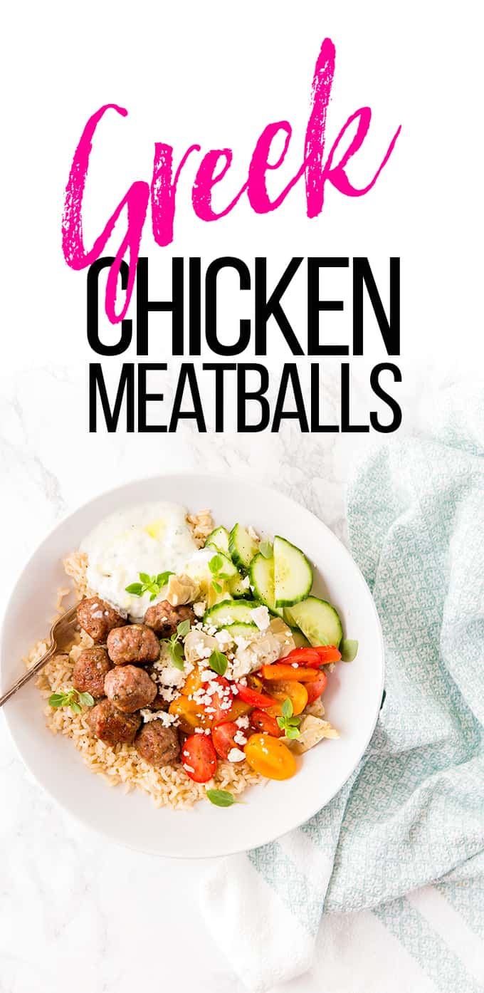 Greek chicken meatball bowls with rice and salad.