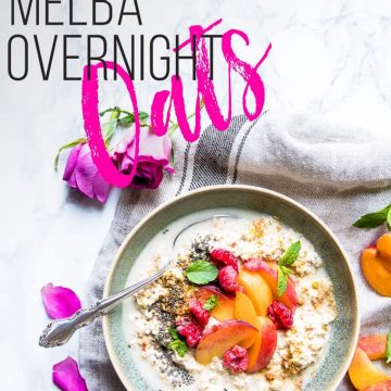 Peach Melba Overnight Oats in a bowl.