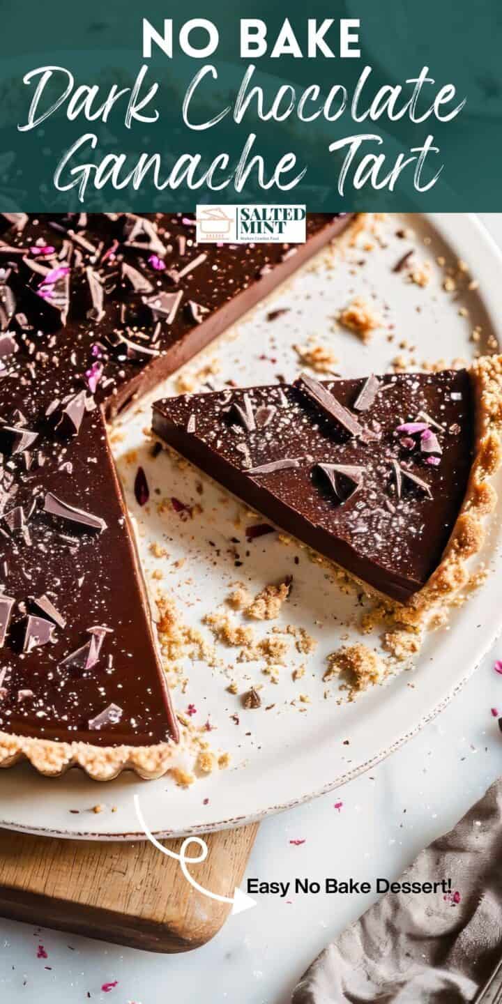 Dark chocolate ganache tart in a graham cracker crust on a white plate.