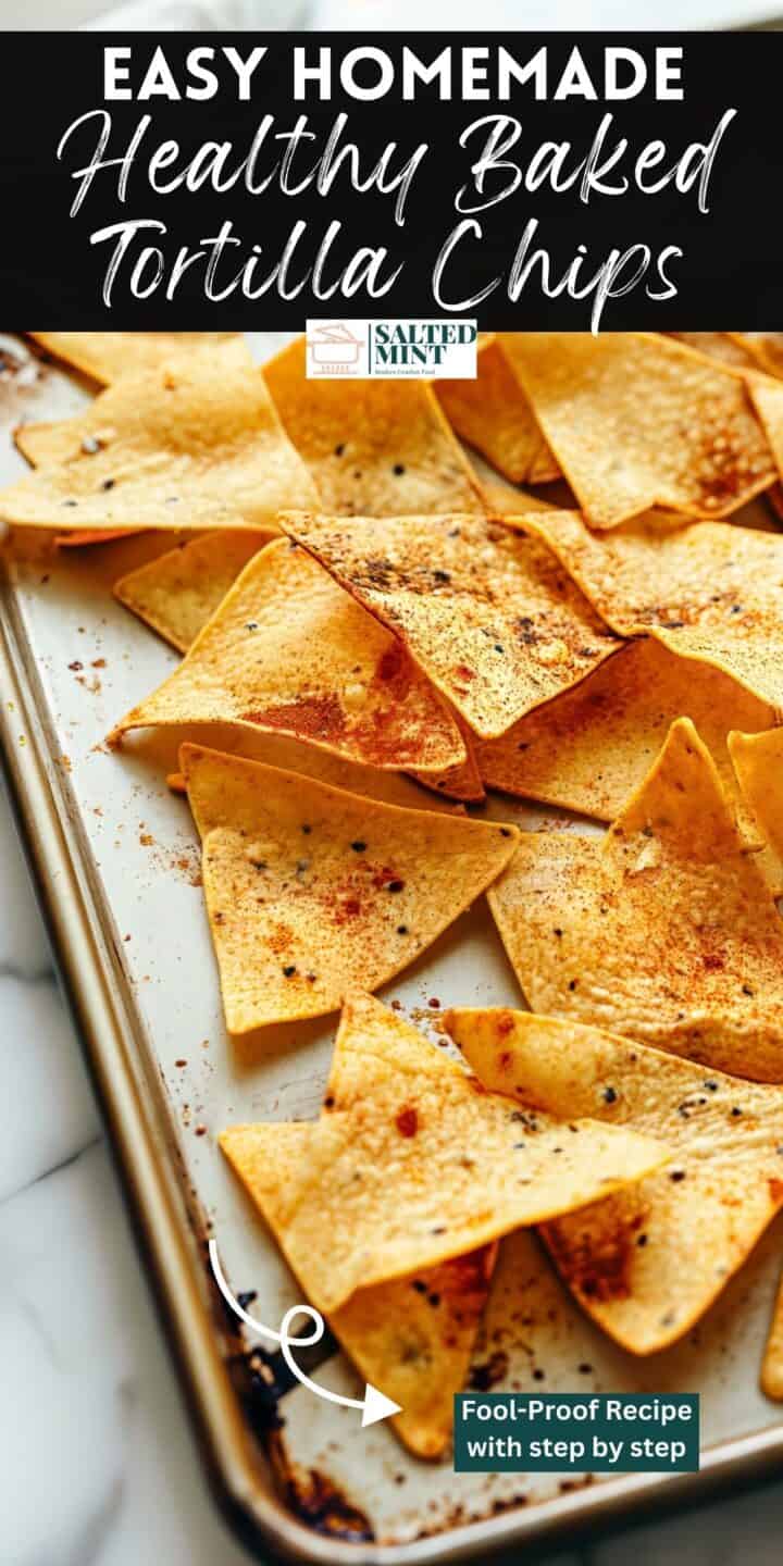 Homemade whole-grain baked tortilla chips on a baking tray.