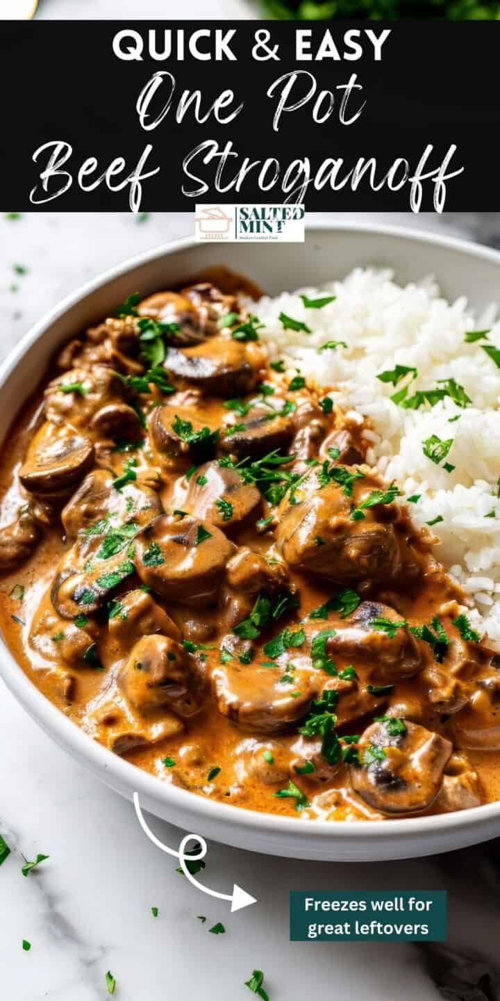 Easy beef stroganoff with rice in a bowl.