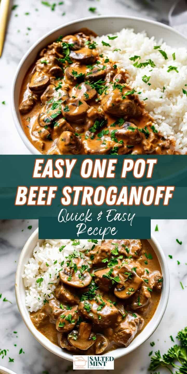 Easy beef stroganoff with rice in a bowl.