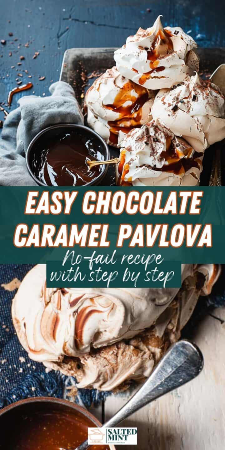 Chocolate pavlova with salted caramel sauce on a plate.