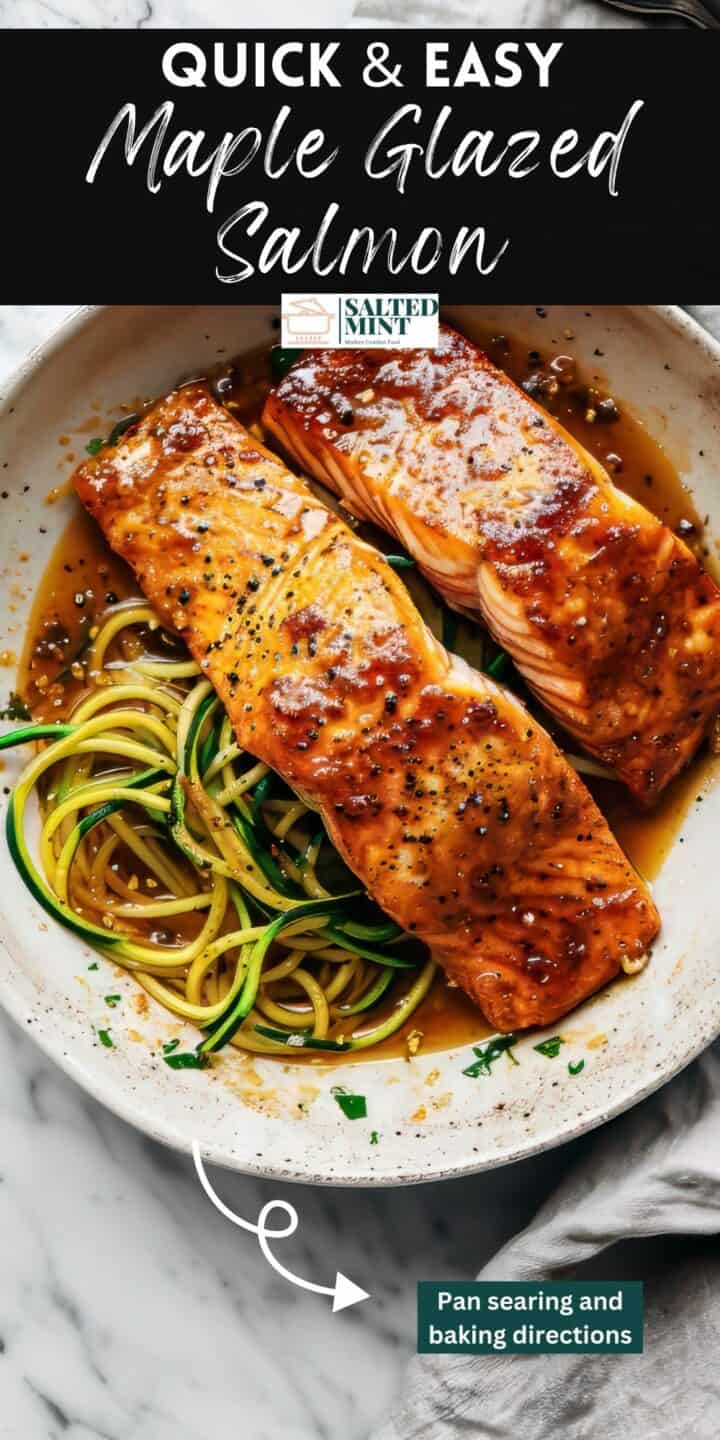 Easy maple-glazed salmon in a pan with text overlay.