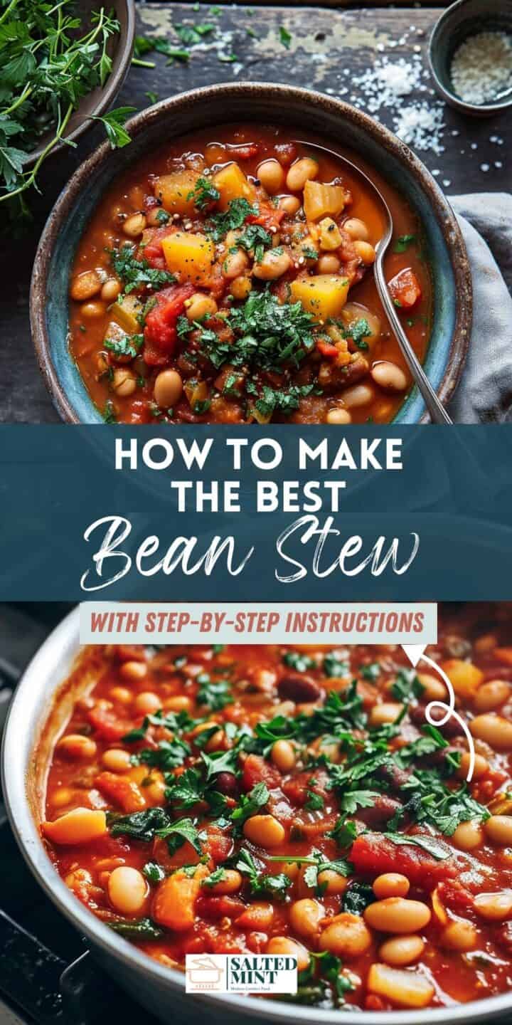 Thick and hearty bean stew in a bowl with herbs.