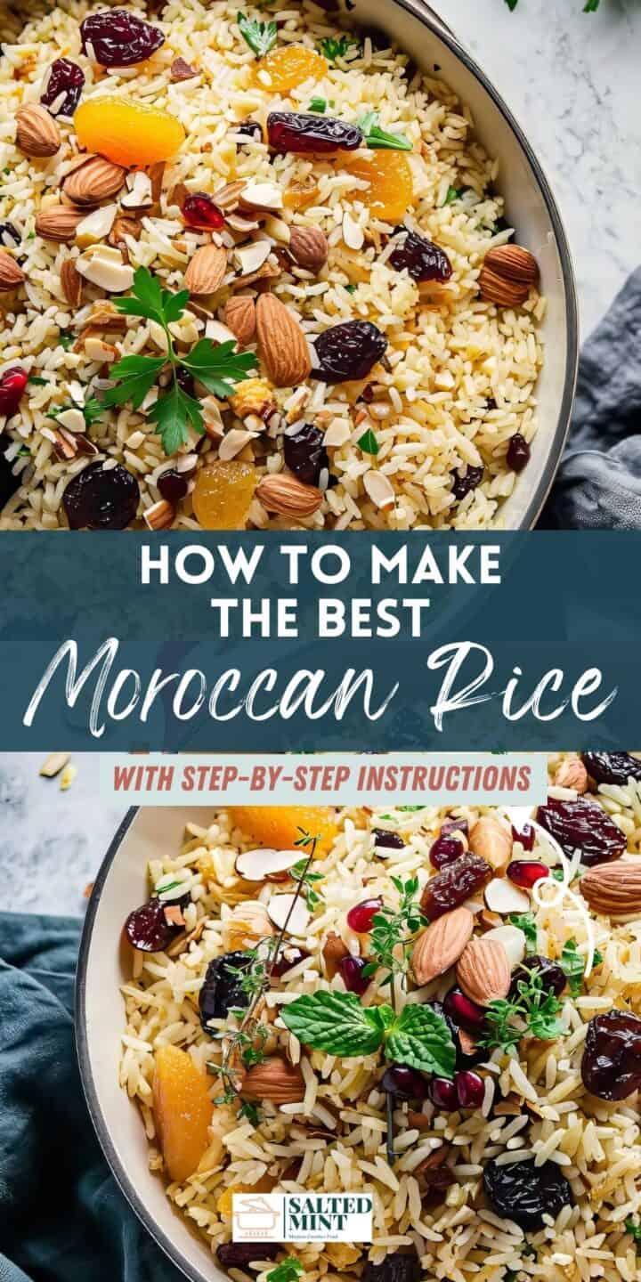 Moroccan rice pilaf with dried fruits and nuts in a pot.