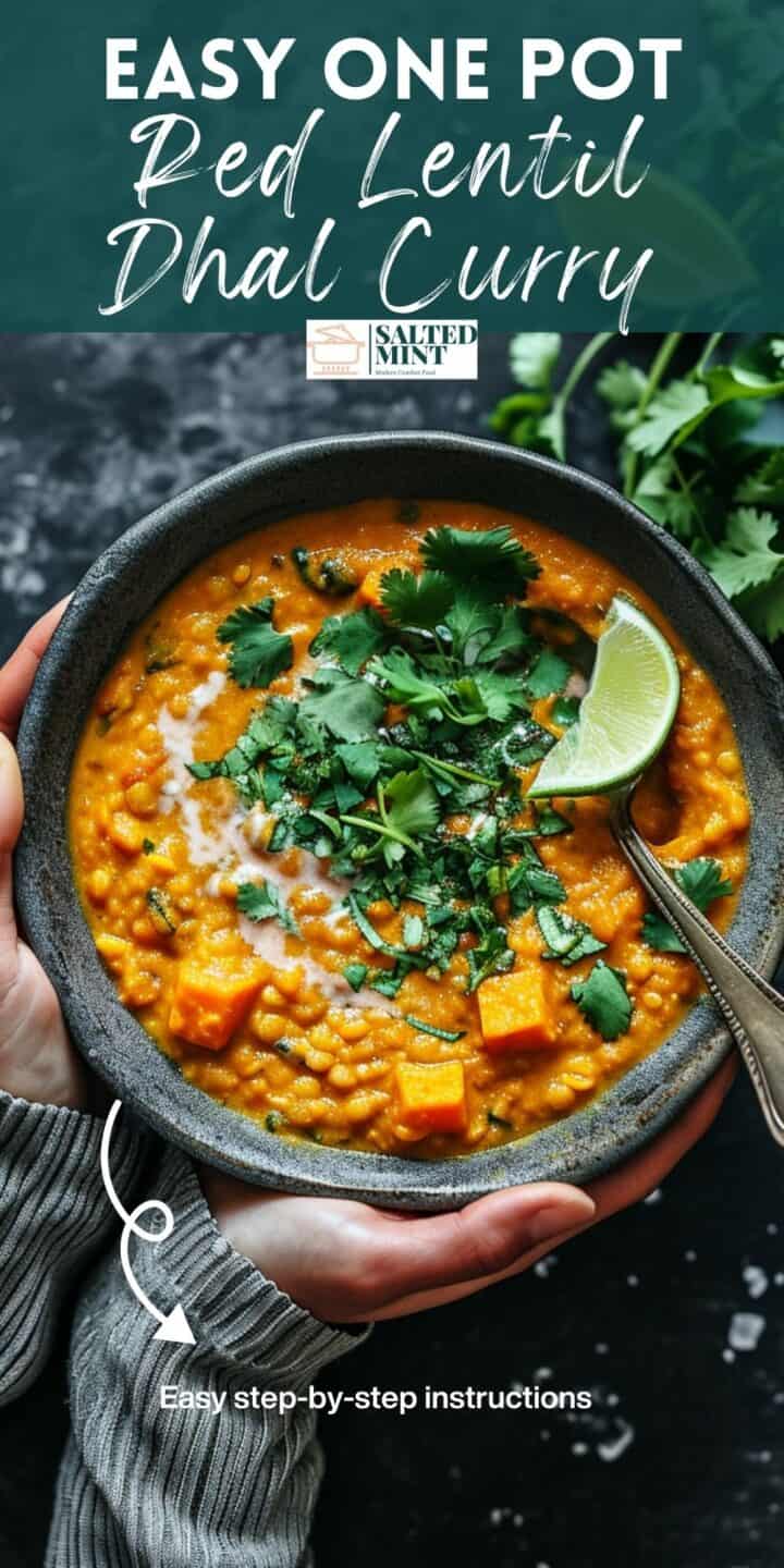 Red lentil curry with cilantro and text overlay.