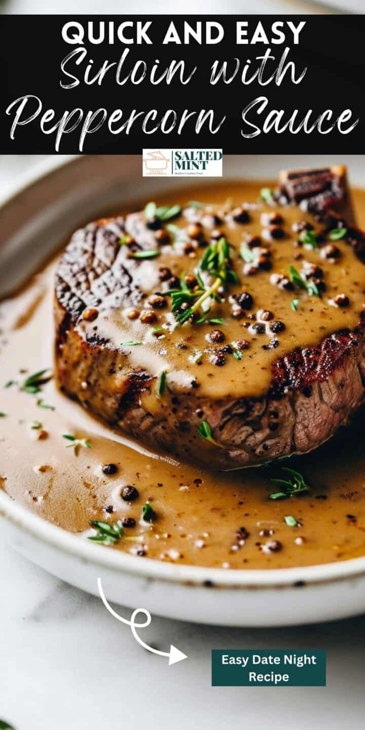 Pan-seared steak with whisky peppercorn sauce and text overlay.