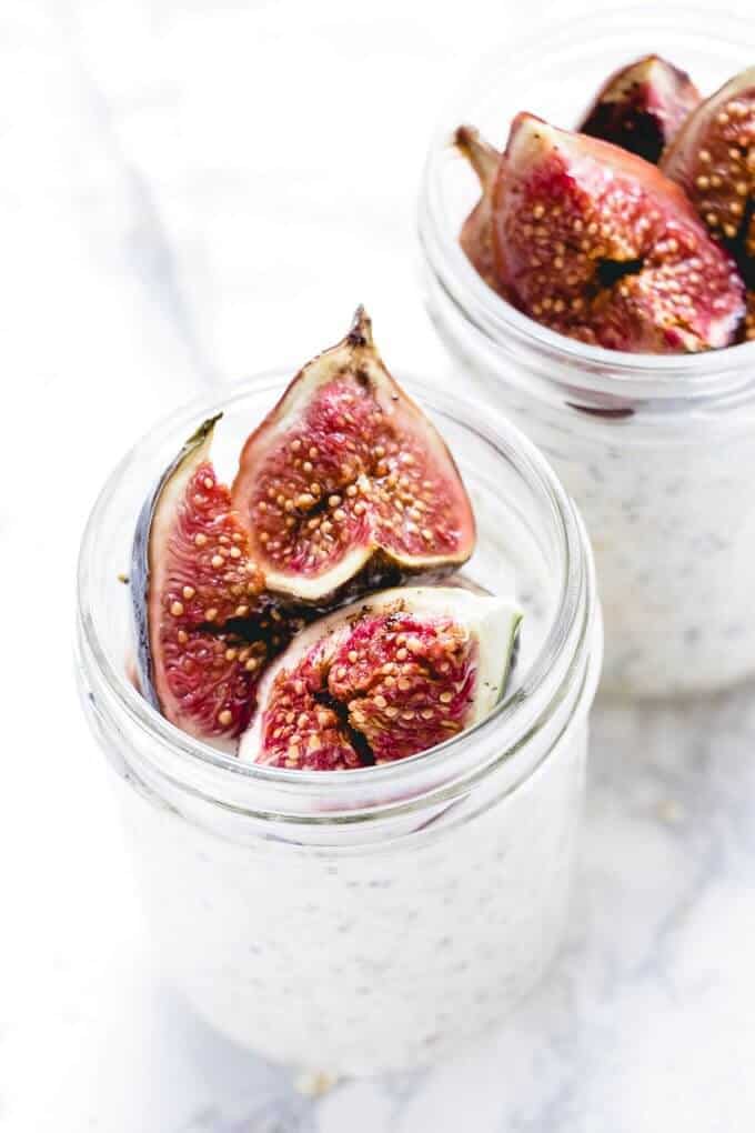 These fig & honey overnight oat pots are the perfect get up and go breakfast. They're creamy and sweet with a hint of salt and earthy sweet fig notes. High in calcium and protein they make the perfect breakfast.