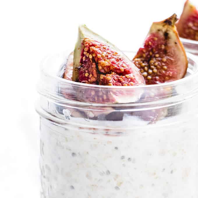 These fig & honey overnight oat pots are the perfect get up and go breakfast. They're creamy and sweet with a hint of salt and earthy sweet fig notes. High in calcium and protein they make the perfect breakfast.