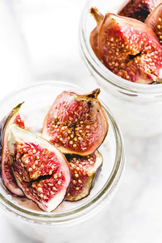 These fig & honey overnight oat pots are the perfect get up and go breakfast. They're creamy and sweet with a hint of salt and earthy sweet fig notes. High in calcium and protein they make the perfect breakfast.