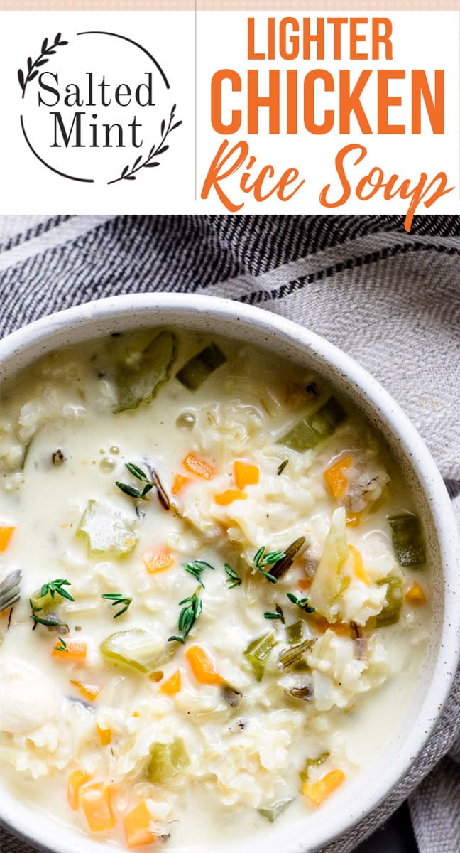 Bowl of lightened up creamy chicken soup with rice. With text overlay.