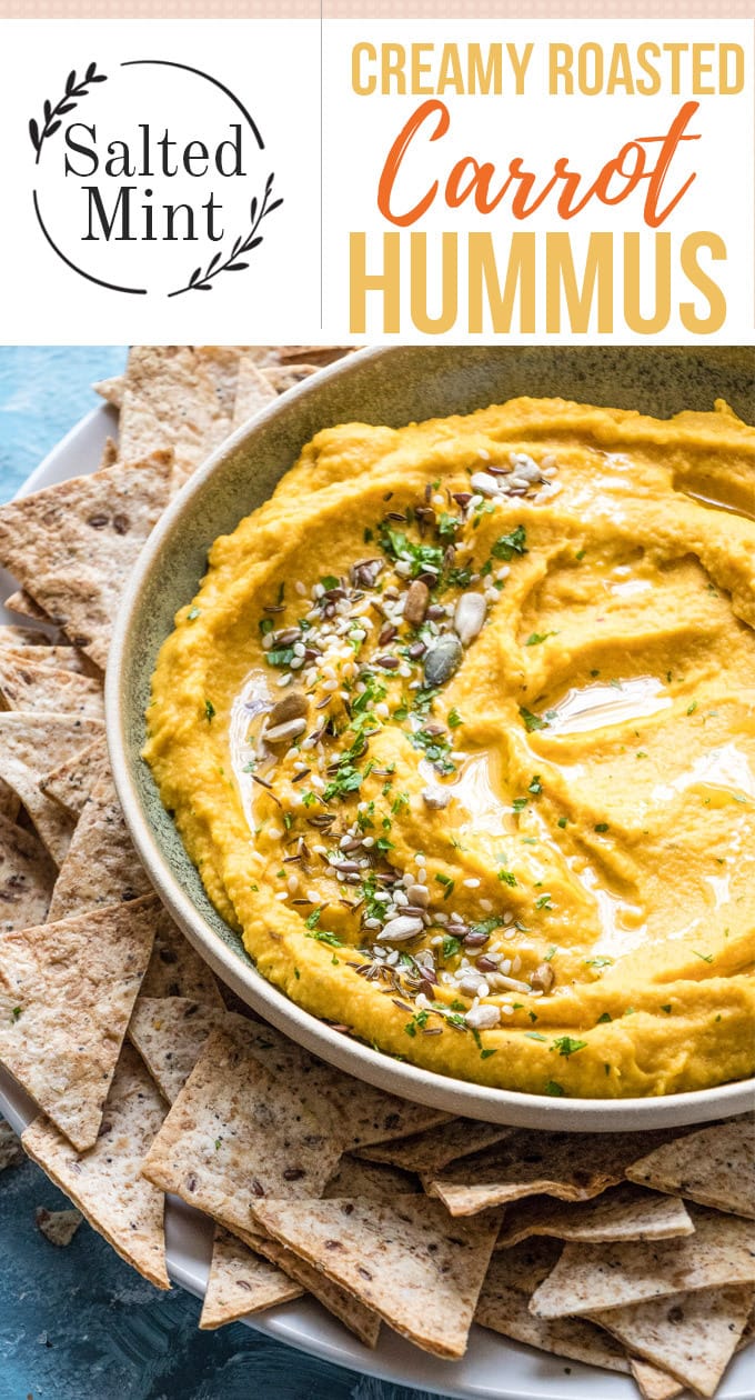 Roasted carrot hummus with olive oil.