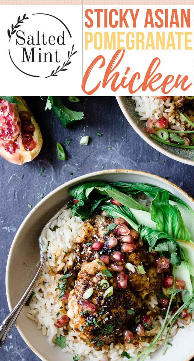 Sticky Asian pomegranate chicken in a bowl with text overlay.