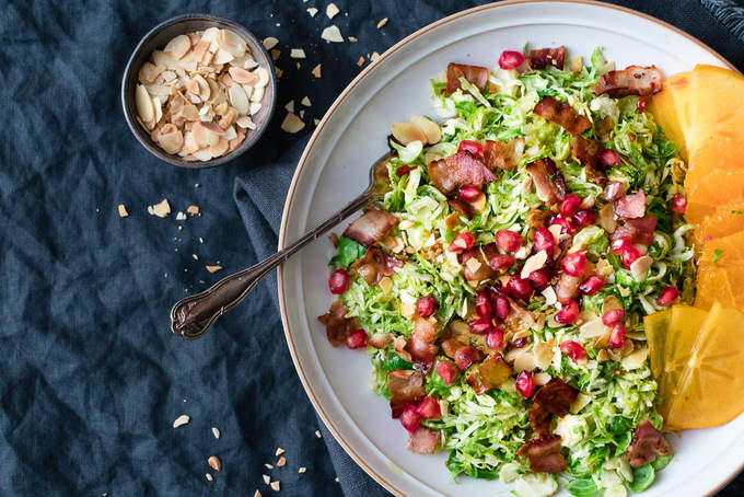 It's delicate shaved sprouts, warm and crispy bacon and bright citrus vinaigrette with toasted almonds.