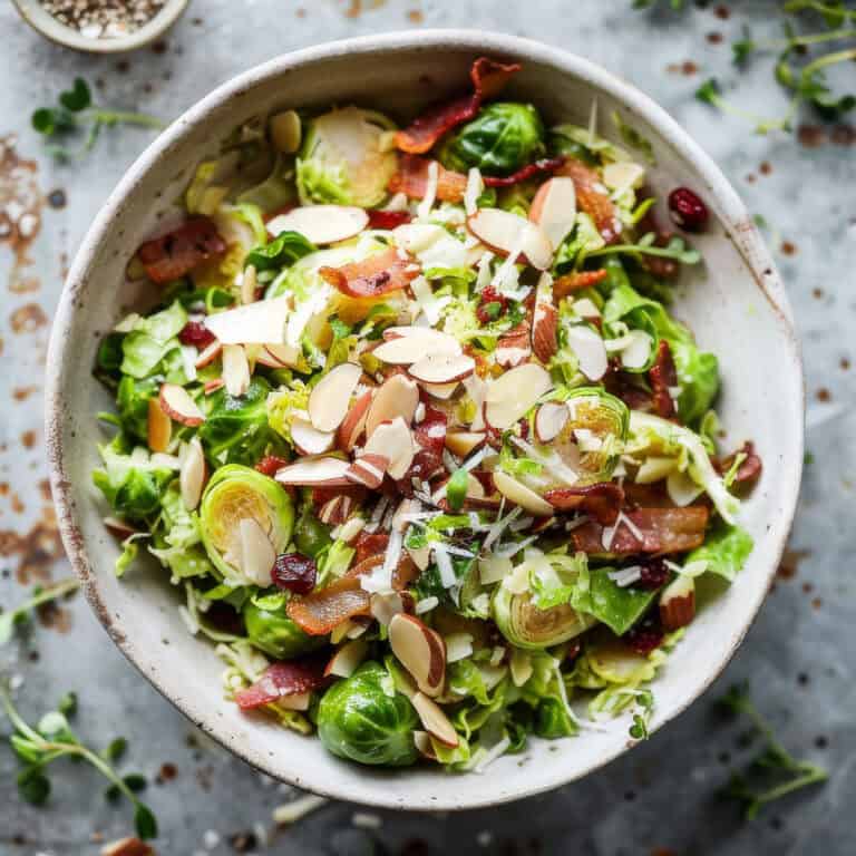 Shaved brussel sprout salad with bacon and vinaigrette.