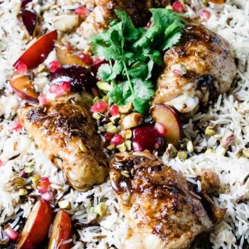 Pomegranate Sheet Pan Chicken with rice.