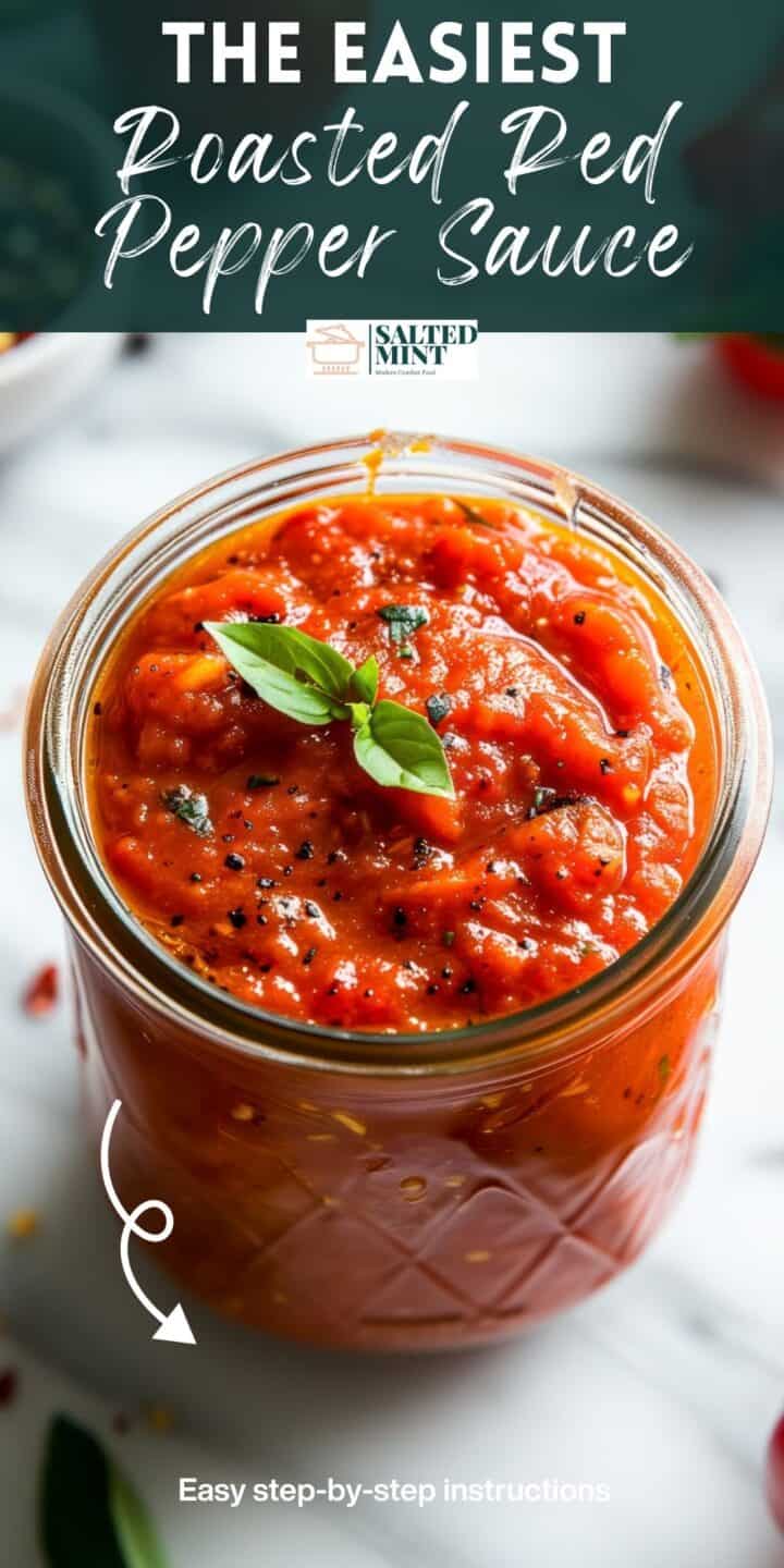 Homemade roasted red pepper sauce in a jar.