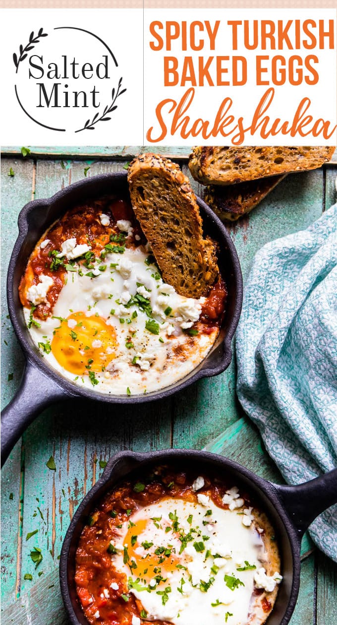 Turkish baked eggs with feta cheese.