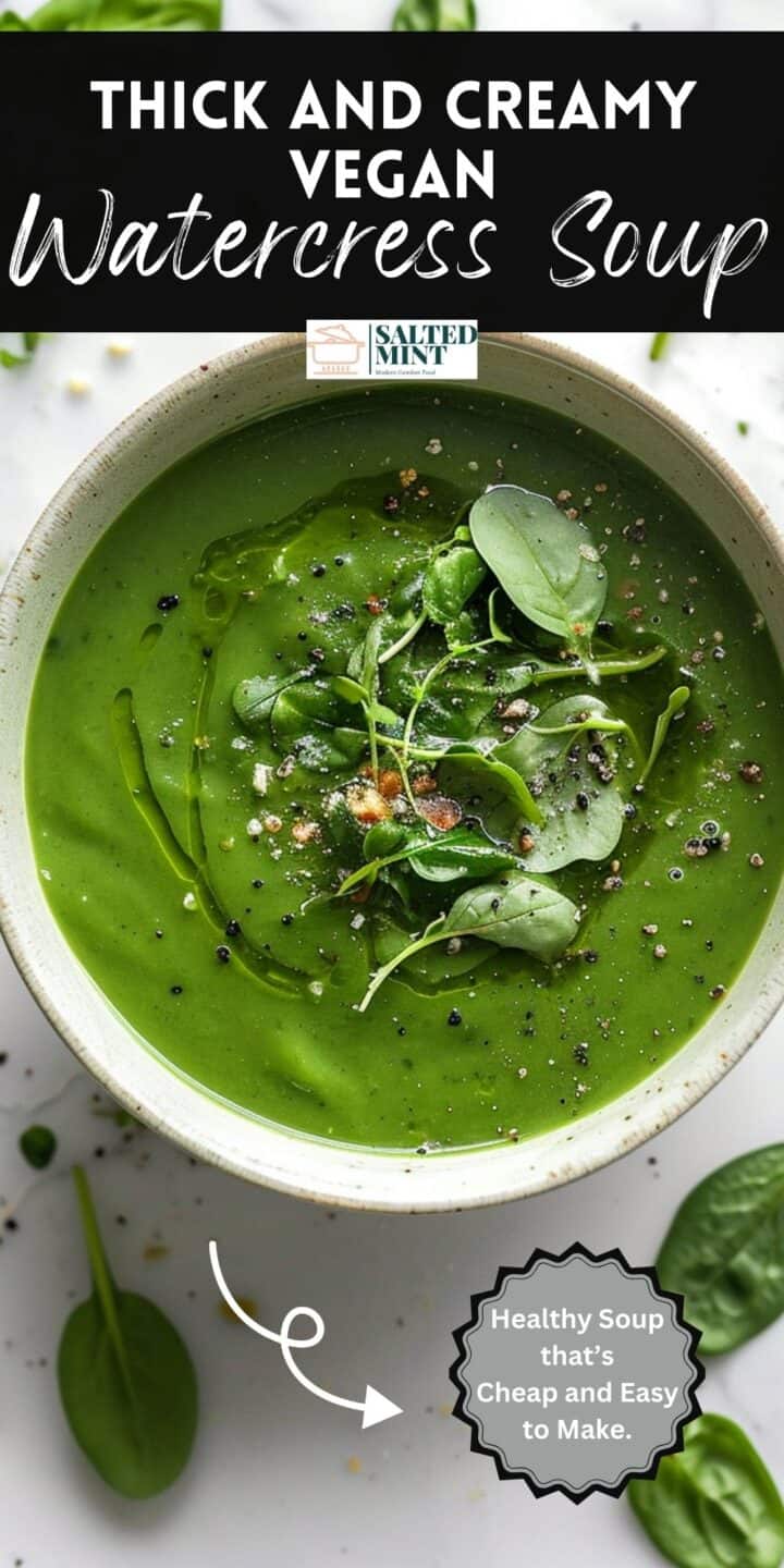 Vegan watercress soup with pepper and herbs on top.