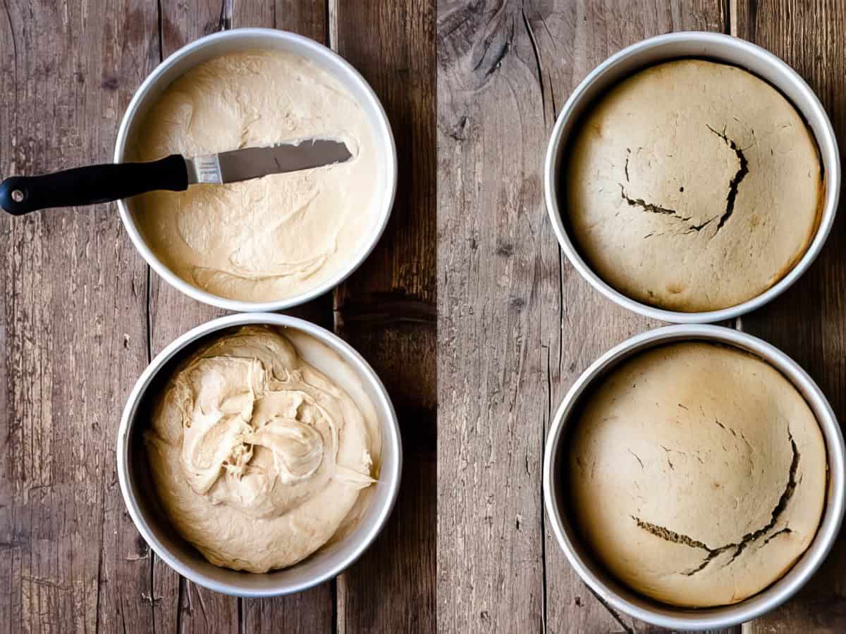 Butter pecan cake in a cake tins before and after baking.