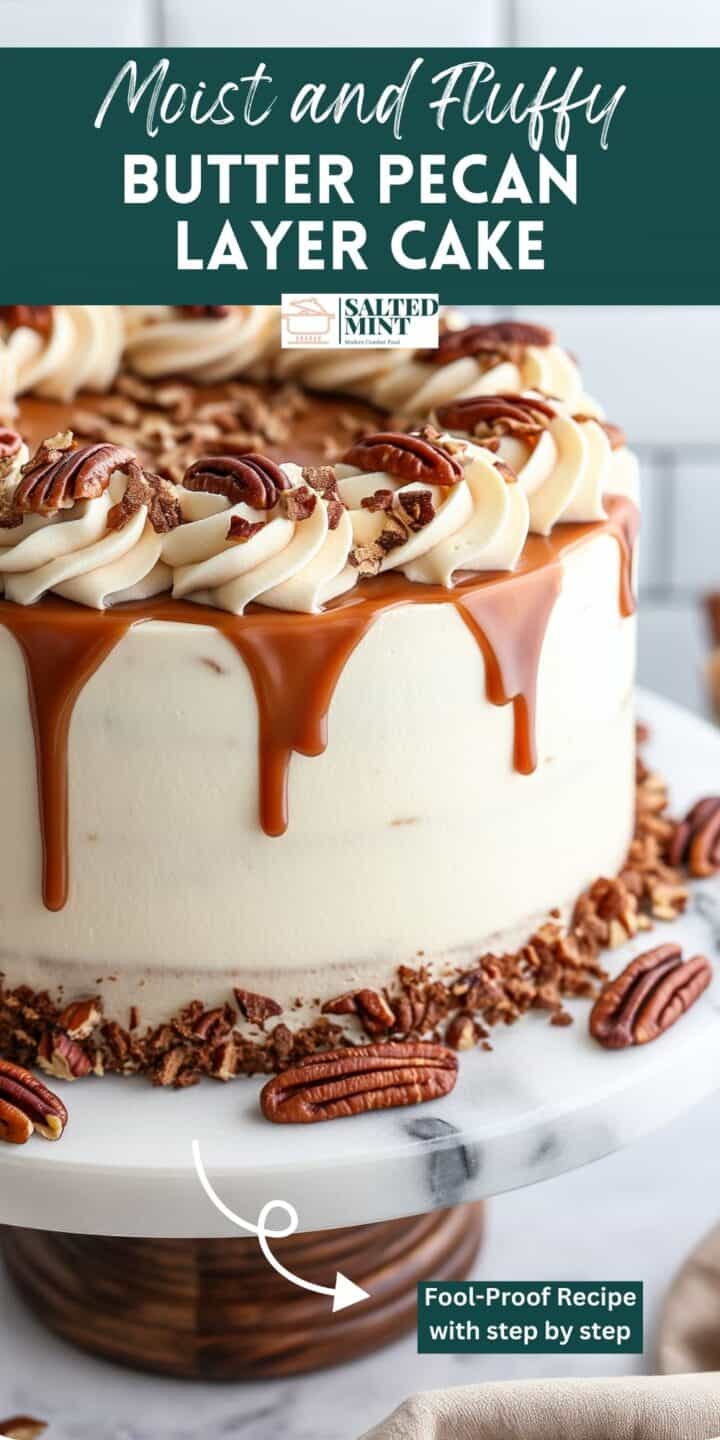 Butter pecan cake with caramel sauce on a marble cake stand.