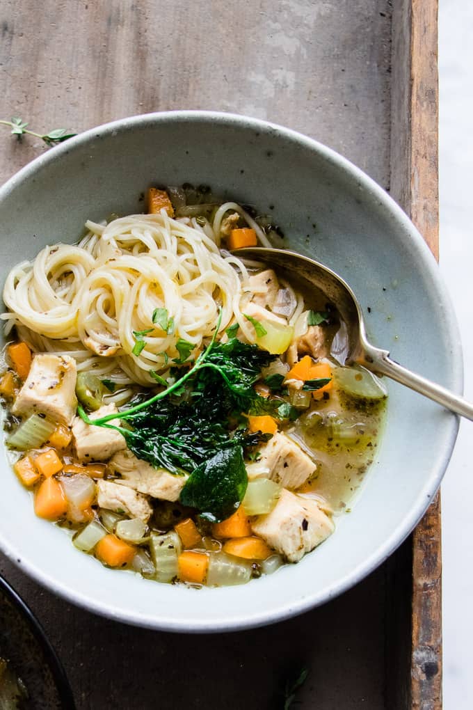 This Italian Turkey and Vegetable Noodle Soup is the perfect way to use up leftover turkey. It's fragrant with traditional Italian herbs, and made into a perfect meal with thin, delicate vermicelli noodles. #soup #turkey #leftovers #noodles