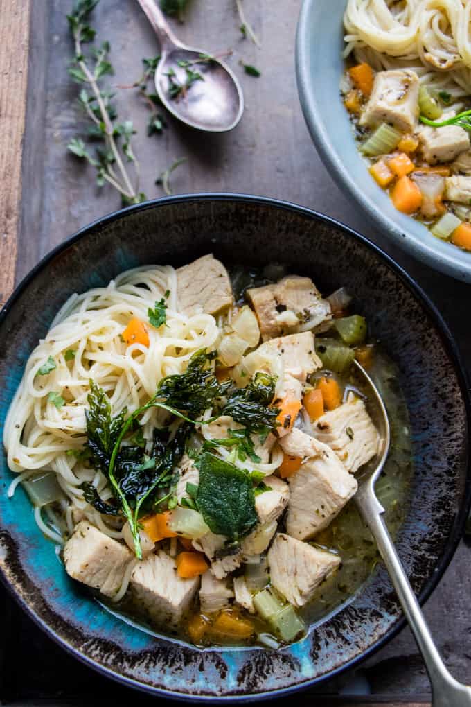 This Italian Turkey and Vegetable Noodle Soup is the perfect way to use up leftover turkey. It's fragrant with traditional Italian herbs, and made into a perfect meal with thin, delicate vermicelli noodles. #soup #turkey #leftovers #noodles 