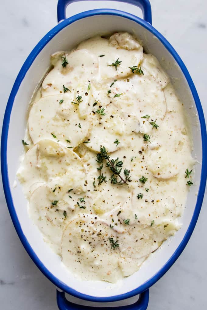 Potatoes Au Gratin in a casserole dish.