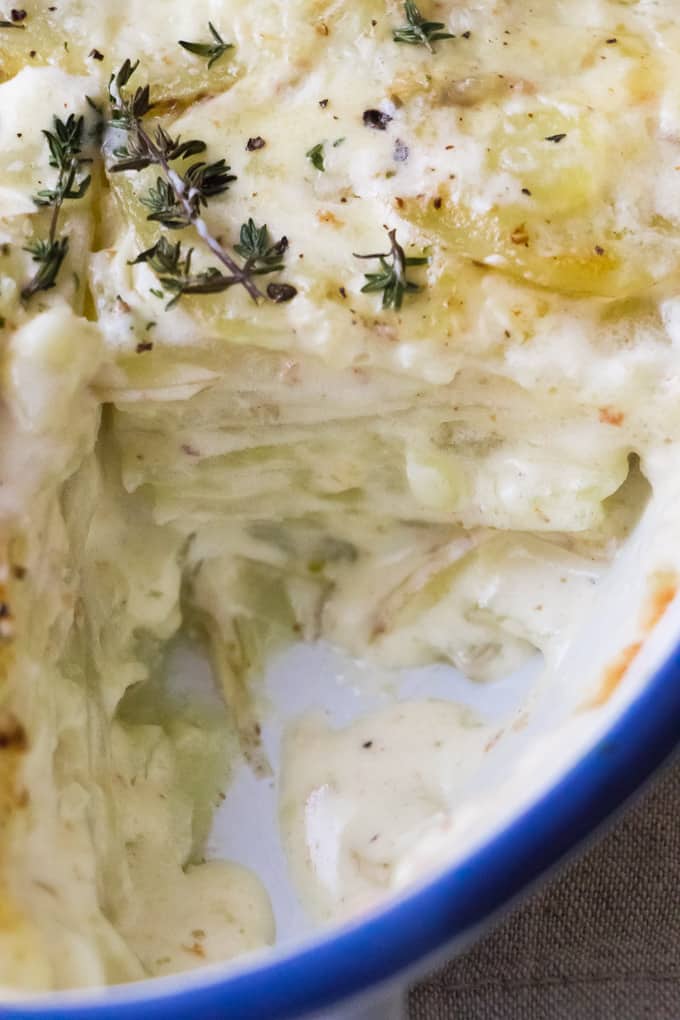 Potatoes Au Gratin in a casserole dish.