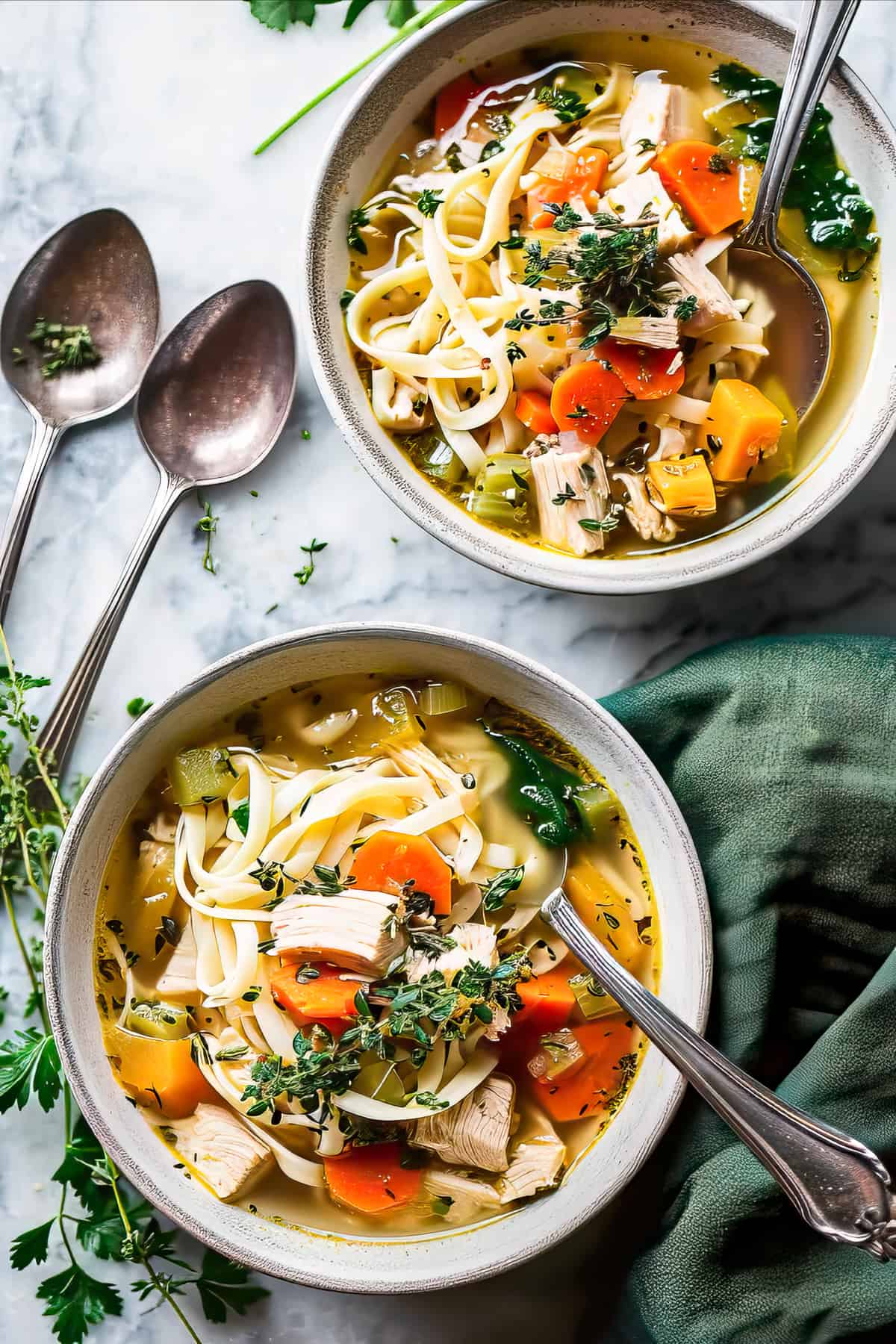Easy homemade turkey noodle soup in a bowl with vegetables.