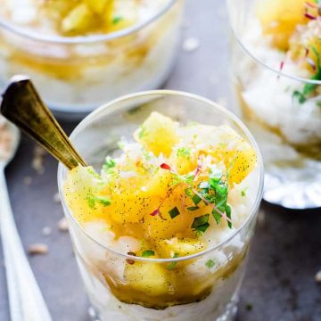 Coconut rice pudding with pineapple salsa.