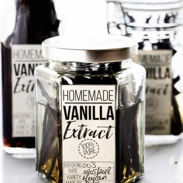 Homemade vanilla extract in a jar.