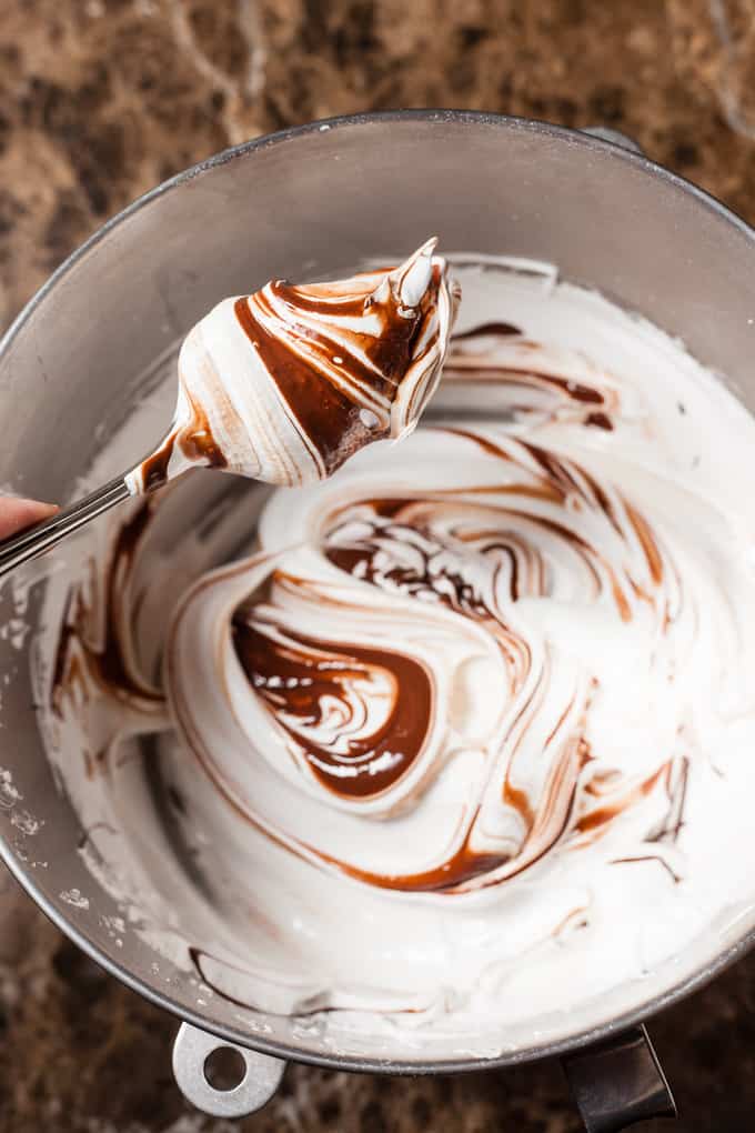 Chocolate Swirled Meringue in a bowl.