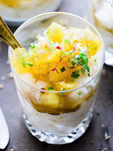 Pineapple rice pudding in a dessert cup.