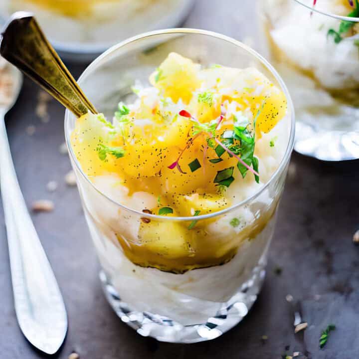 Pineapple rice pudding in a dessert cup.