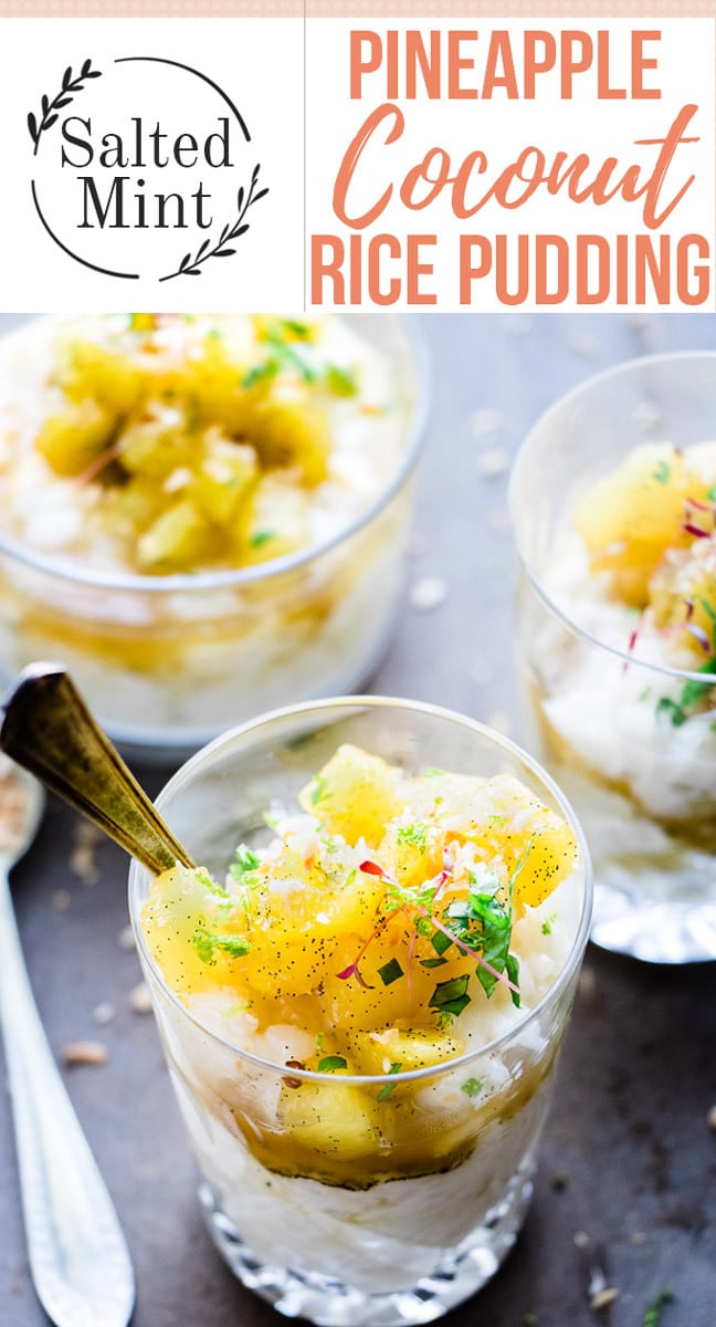 Coconut rice pudding with pineapple jam and text overlay.