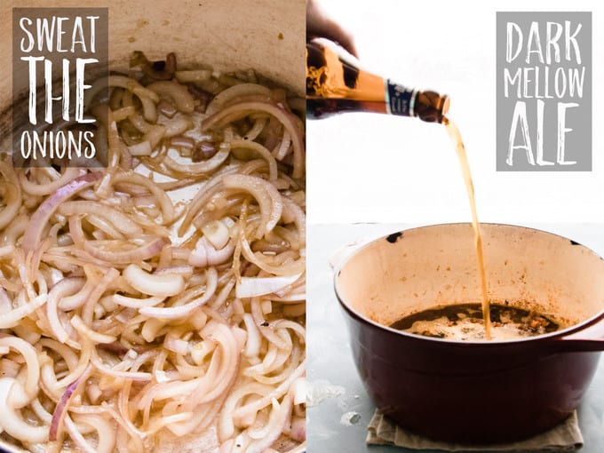 Sliced onions being sweated down in a Dutch oven to be braised with short ribs and ale.