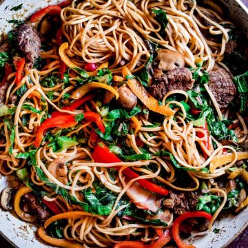 Spicy Korean stir fry with beef and noodles.