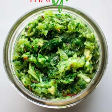 Thai Green Curry paste in jar with text overlay.