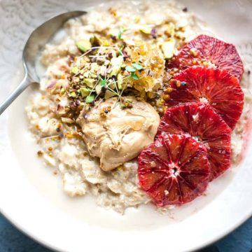 Bowl of oatmeal with fruit.