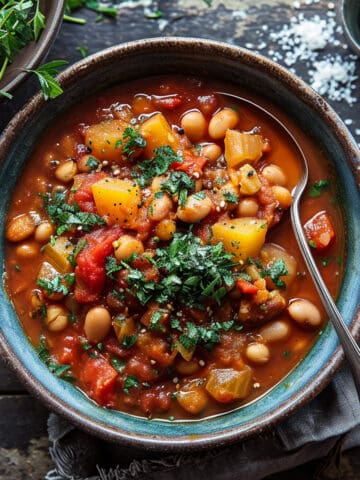 Bean stew with white beans and vegetables in a bowl.